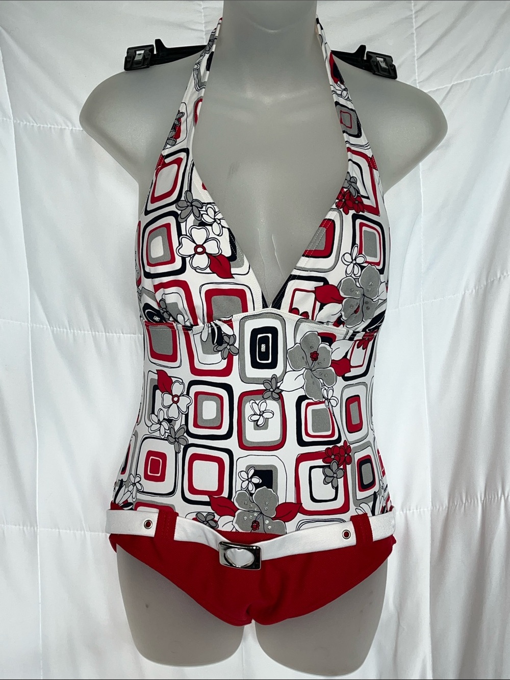 Baltex Red White Black Geo Floral Print Halter Belted One Piece Swimsuit Size 12